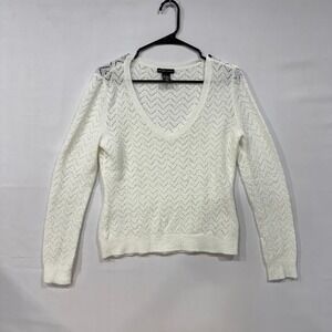 New York & Company Sweater Women's S‎ White V-Neck Chevron Knit Stretch
